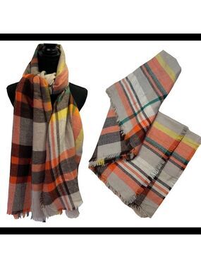 Brown tan teal orange yellow plaid check soft winter blanket scarf 💥